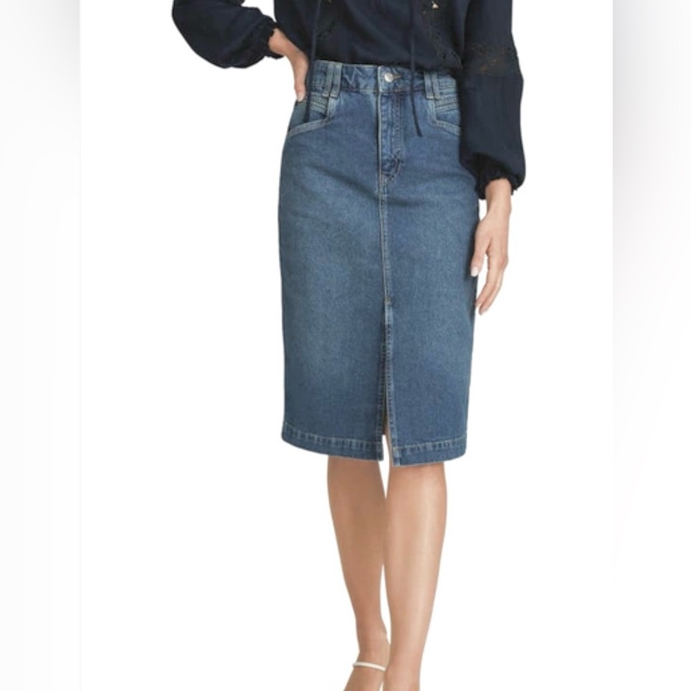 Reiss Classic Denim Pencil Skirt Front Slit Mid Length Size 8 💛🍄